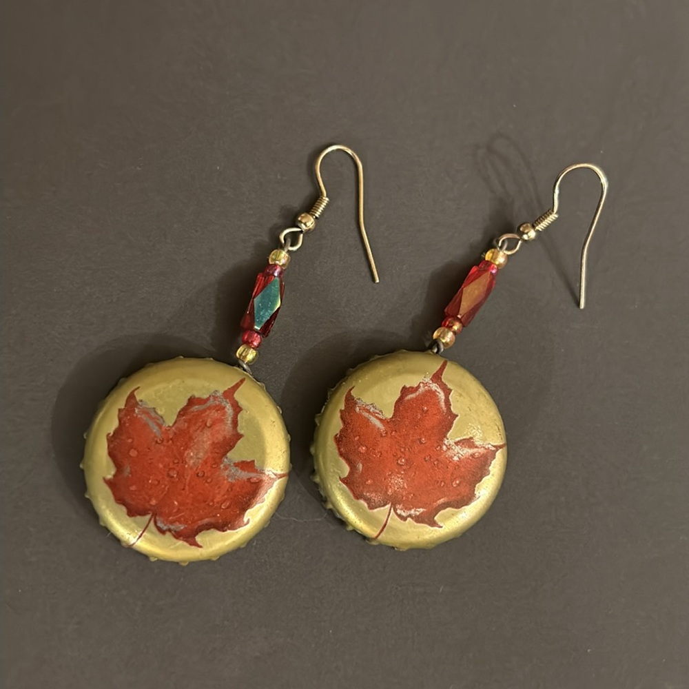 Handmade Molson Canadian Lager Beer Earrings Gold, Red & Festival Glass Beads